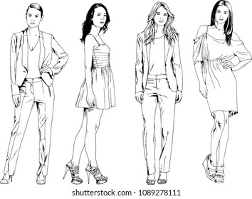 vector drawings on the theme of beautiful slim sporty girl in casual clothes in various poses painted ink hand sketch with no background

