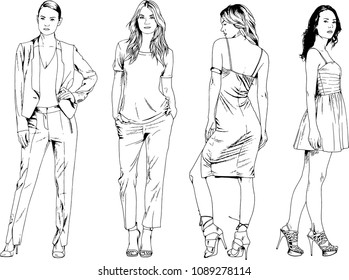 vector drawings on the theme of beautiful slim sporty girl in casual clothes in various poses painted ink hand sketch with no background
