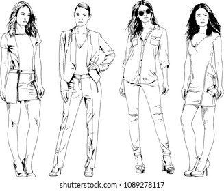 vector drawings on the theme of beautiful slim sporty girl in casual clothes in various poses painted ink hand sketch with no background
