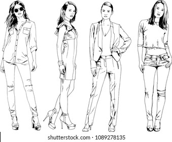 vector drawings on the theme of beautiful slim sporty girl in casual clothes in various poses painted ink hand sketch with no background
