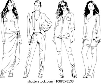 vector drawings on the theme of beautiful slim sporty girl in casual clothes in various poses painted ink hand sketch with no background
