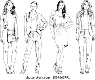 vector drawings on the theme of beautiful slim sporty girl in casual clothes in various poses painted ink hand sketch with no background
