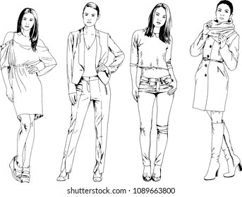 vector drawings on the theme of beautiful slim sporty girl in casual clothes in various poses painted ink hand sketch with no background
