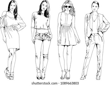 vector drawings on the theme of beautiful slim sporty girl in casual clothes in various poses painted ink hand sketch with no background
