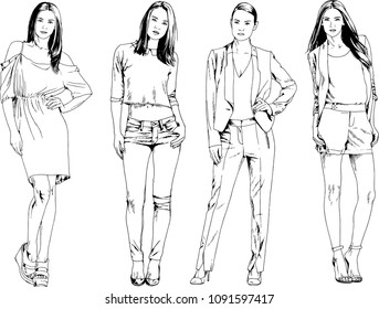 vector drawings on the theme of beautiful slim sporty girl in casual clothes in various poses painted ink hand sketch with no background
