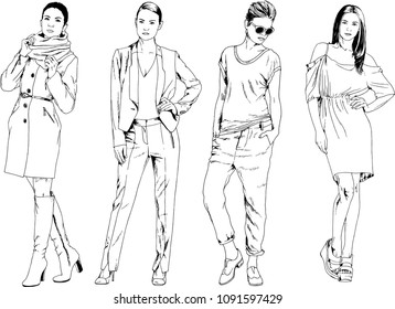 vector drawings on the theme of beautiful slim sporty girl in casual clothes in various poses painted ink hand sketch with no background
