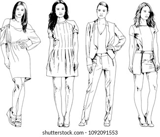 vector drawings on the theme of beautiful slim sporty girl in casual clothes in various poses painted ink hand sketch with no background
