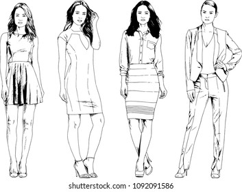 vector drawings on the theme of beautiful slim sporty girl in casual clothes in various poses painted ink hand sketch with no background
