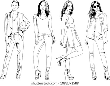 vector drawings on the theme of beautiful slim sporty girl in casual clothes in various poses painted ink hand sketch with no background
