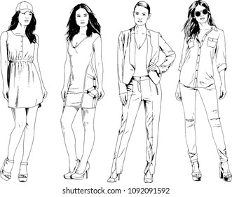 vector drawings on the theme of beautiful slim sporty girl in casual clothes in various poses painted ink hand sketch with no background
