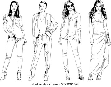 vector drawings on the theme of beautiful slim sporty girl in casual clothes in various poses painted ink hand sketch with no background
