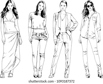 vector drawings on the theme of beautiful slim sporty girl in casual clothes in various poses painted ink hand sketch with no background
