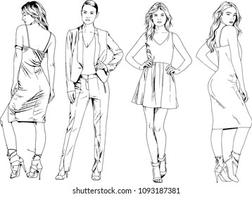 vector drawings on the theme of beautiful slim sporty girl in casual clothes in various poses painted ink hand sketch with no background
