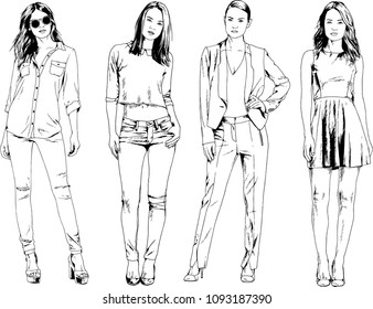 vector drawings on the theme of beautiful slim sporty girl in casual clothes in various poses painted ink hand sketch with no background
