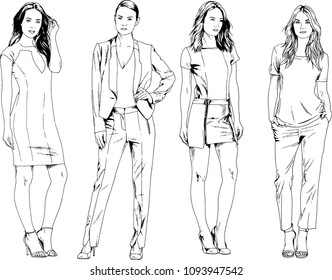 vector drawings on the theme of beautiful slim sporty girl in casual clothes in various poses painted ink hand sketch with no background
