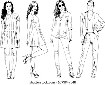 vector drawings on the theme of beautiful slim sporty girl in casual clothes in various poses painted ink hand sketch with no background
