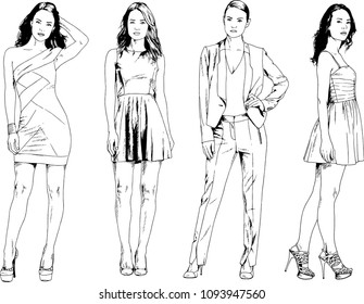 vector drawings on the theme of beautiful slim sporty girl in casual clothes in various poses painted ink hand sketch with no background
