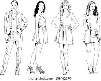 vector drawings on the theme of beautiful slim sporty girl in casual clothes in various poses painted ink hand sketch with no background
