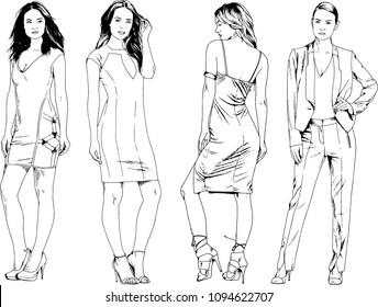 vector drawings on the theme of beautiful slim sporty girl in casual clothes in various poses painted ink hand sketch with no background
