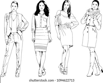 vector drawings on the theme of beautiful slim sporty girl in casual clothes in various poses painted ink hand sketch with no background
