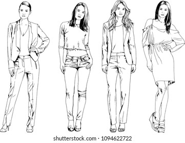 vector drawings on the theme of beautiful slim sporty girl in casual clothes in various poses painted ink hand sketch with no background
