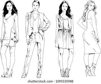 vector drawings on the theme of beautiful slim sporty girl in casual clothes in various poses painted ink hand sketch with no background
