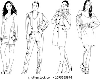 vector drawings on the theme of beautiful slim sporty girl in casual clothes in various poses painted ink hand sketch with no background
