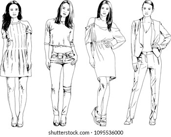 vector drawings on the theme of beautiful slim sporty girl in casual clothes in various poses painted ink hand sketch with no background
