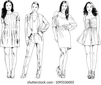 vector drawings on the theme of beautiful slim sporty girl in casual clothes in various poses painted ink hand sketch with no background
