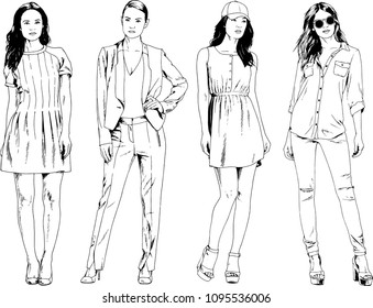 vector drawings on the theme of beautiful slim sporty girl in casual clothes in various poses painted ink hand sketch with no background
