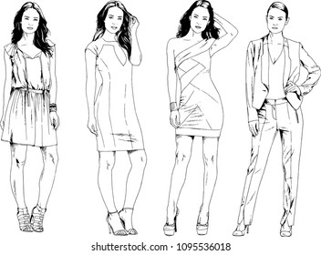 vector drawings on the theme of beautiful slim sporty girl in casual clothes in various poses painted ink hand sketch with no background
