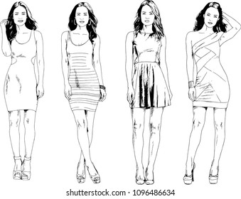 vector drawings on the theme of beautiful slim sporty girl in casual clothes in various poses painted ink hand sketch with no background
