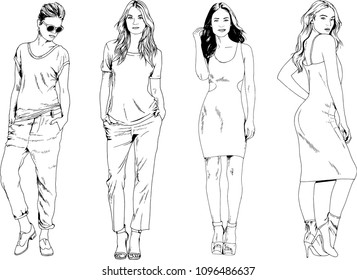 vector drawings on the theme of beautiful slim sporty girl in casual clothes in various poses painted ink hand sketch with no background
