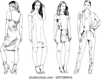 vector drawings on the theme of beautiful slim sporty girl in casual clothes in various poses painted ink hand sketch with no background
