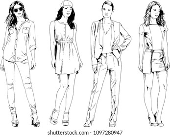 vector drawings on the theme of beautiful slim sporty girl in casual clothes in various poses painted ink hand sketch with no background
