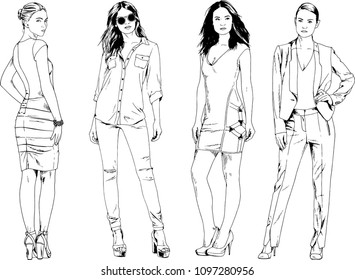 vector drawings on the theme of beautiful slim sporty girl in casual clothes in various poses painted ink hand sketch with no background
