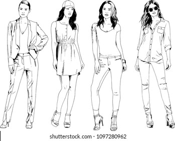 vector drawings on the theme of beautiful slim sporty girl in casual clothes in various poses painted ink hand sketch with no background
