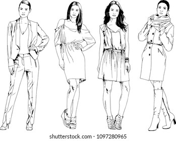 vector drawings on the theme of beautiful slim sporty girl in casual clothes in various poses painted ink hand sketch with no background
