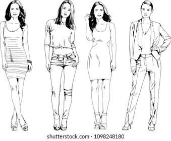 vector drawings on the theme of beautiful slim sporty girl in casual clothes in various poses painted ink hand sketch with no background
