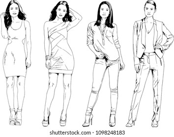 vector drawings on the theme of beautiful slim sporty girl in casual clothes in various poses painted ink hand sketch with no background
