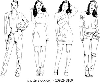 vector drawings on the theme of beautiful slim sporty girl in casual clothes in various poses painted ink hand sketch with no background
