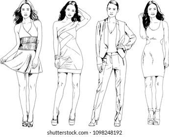 vector drawings on the theme of beautiful slim sporty girl in casual clothes in various poses painted ink hand sketch with no background
