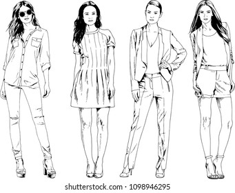 vector drawings on the theme of beautiful slim sporty girl in casual clothes in various poses painted ink hand sketch with no background
