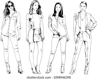 vector drawings on the theme of beautiful slim sporty girl in casual clothes in various poses painted ink hand sketch with no background
