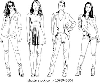 vector drawings on the theme of beautiful slim sporty girl in casual clothes in various poses painted ink hand sketch with no background
