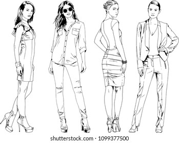 vector drawings on the theme of beautiful slim sporty girl in casual clothes in various poses painted ink hand sketch with no background
