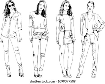 vector drawings on the theme of beautiful slim sporty girl in casual clothes in various poses painted ink hand sketch with no background
