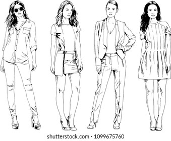vector drawings on the theme of beautiful slim sporty girl in casual clothes in various poses painted ink hand sketch with no background
