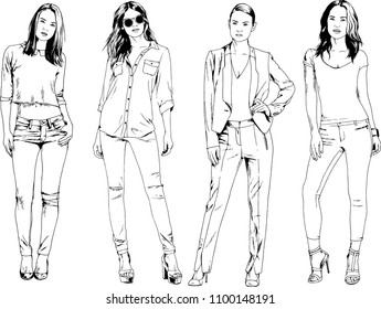 vector drawings on the theme of beautiful slim sporty girl in casual clothes in various poses painted ink hand sketch with no background

