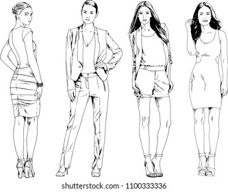 vector drawings on the theme of beautiful slim sporty girl in casual clothes in various poses painted ink hand sketch with no background
